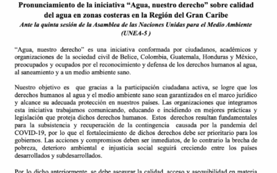 Pronunciamiento sobre calidad del agua en zonas costeras de la región caribe ante la quinta sesión de la asamblea de las naciones unidas para el medio ambiente (UNEA-5 )
