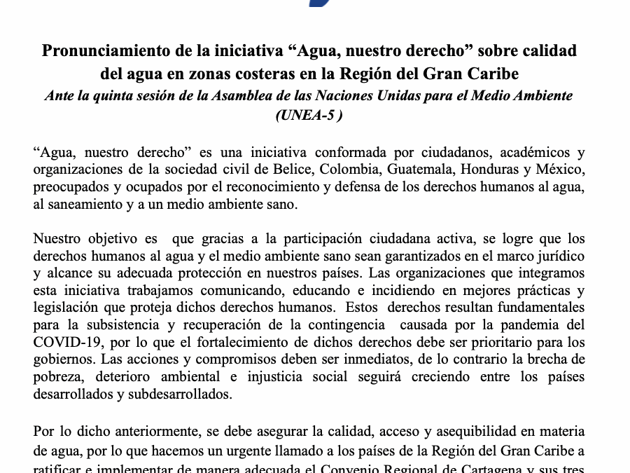 Pronunciamiento sobre calidad del agua en zonas costeras de la región caribe ante la quinta sesión de la asamblea de las naciones unidas para el medio ambiente (UNEA-5 )